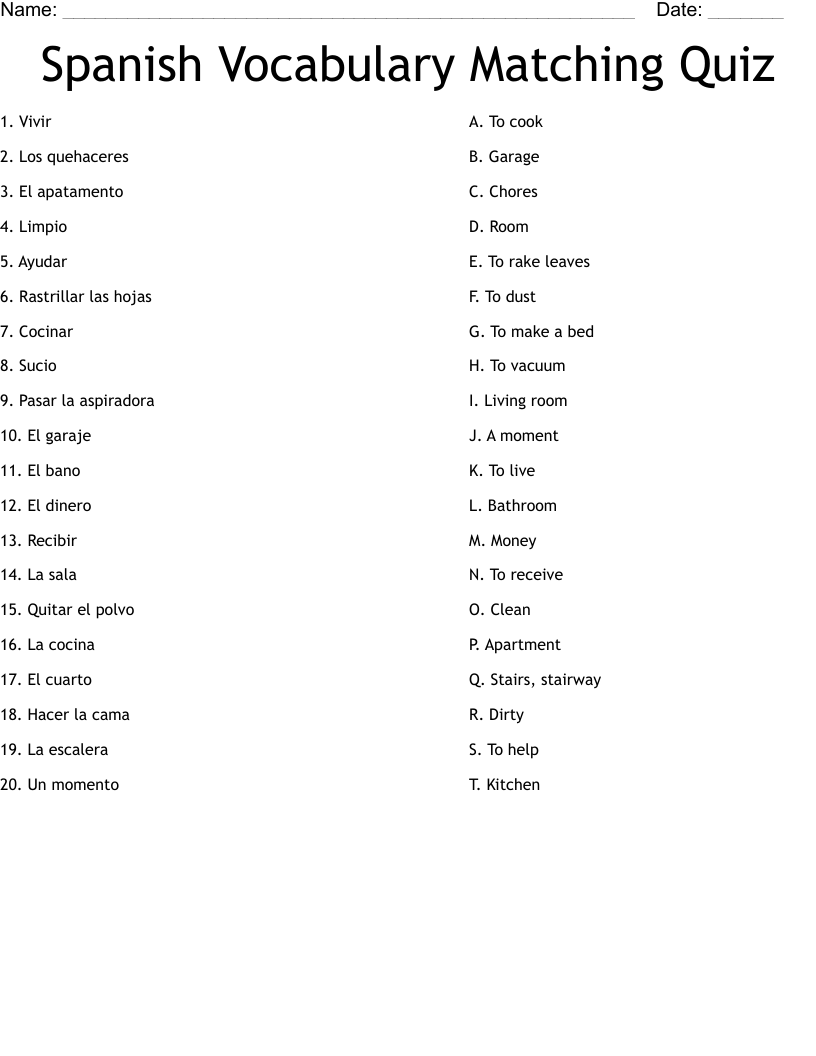 Spanish Vocabulary Matching Quiz Worksheet WordMint
