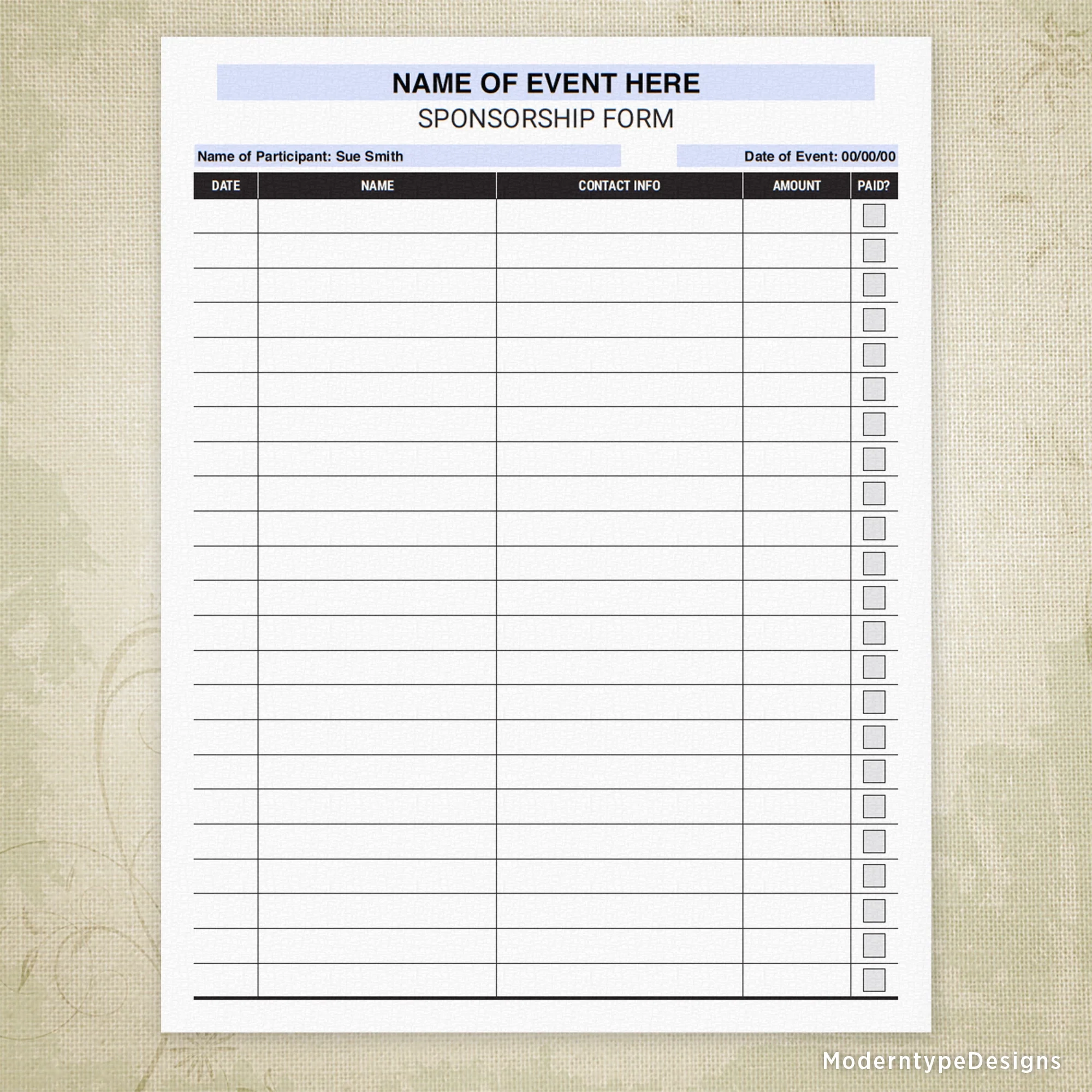 Sponsorship Sign Up Printable Form Editable