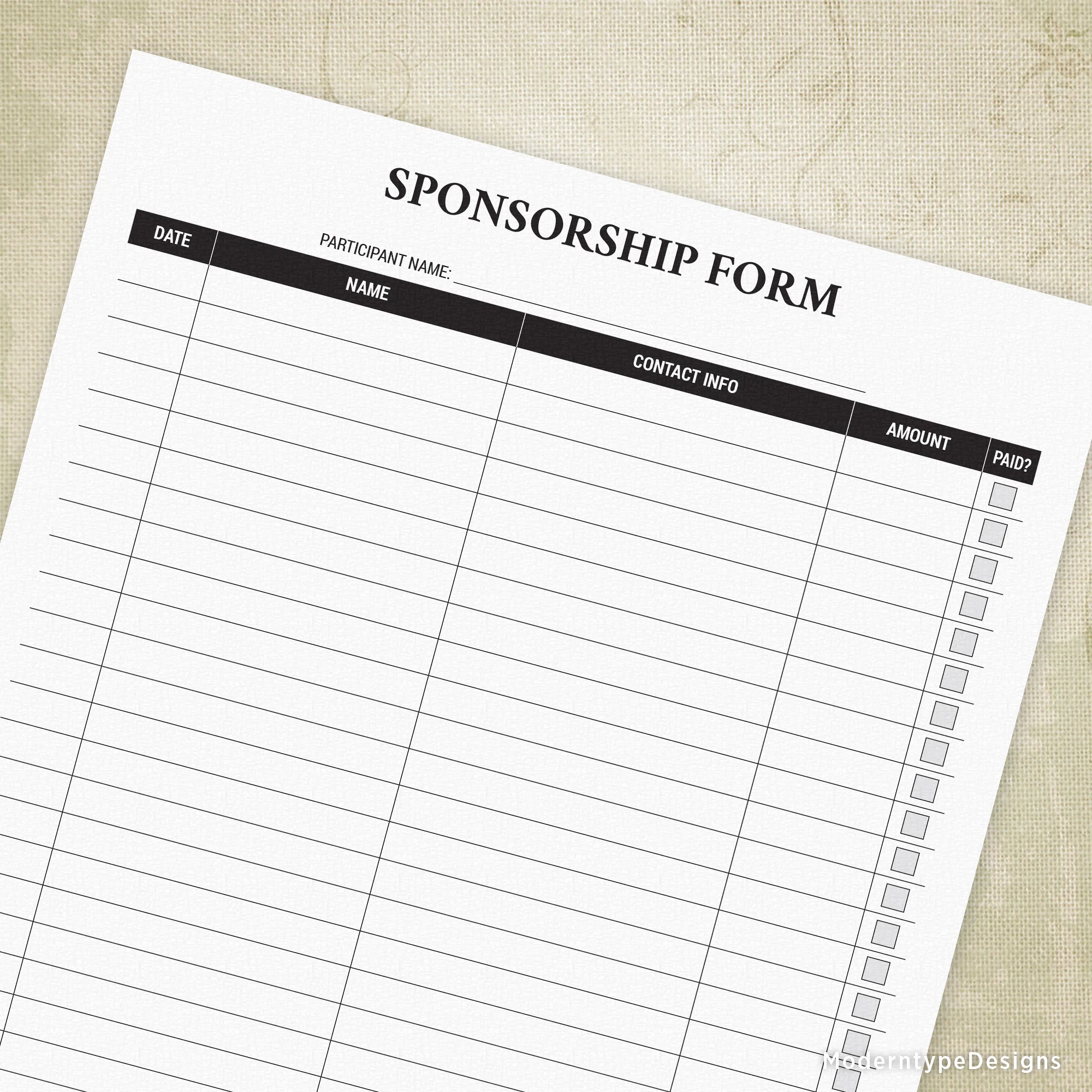 Sponsorship Sign Up Printable Form