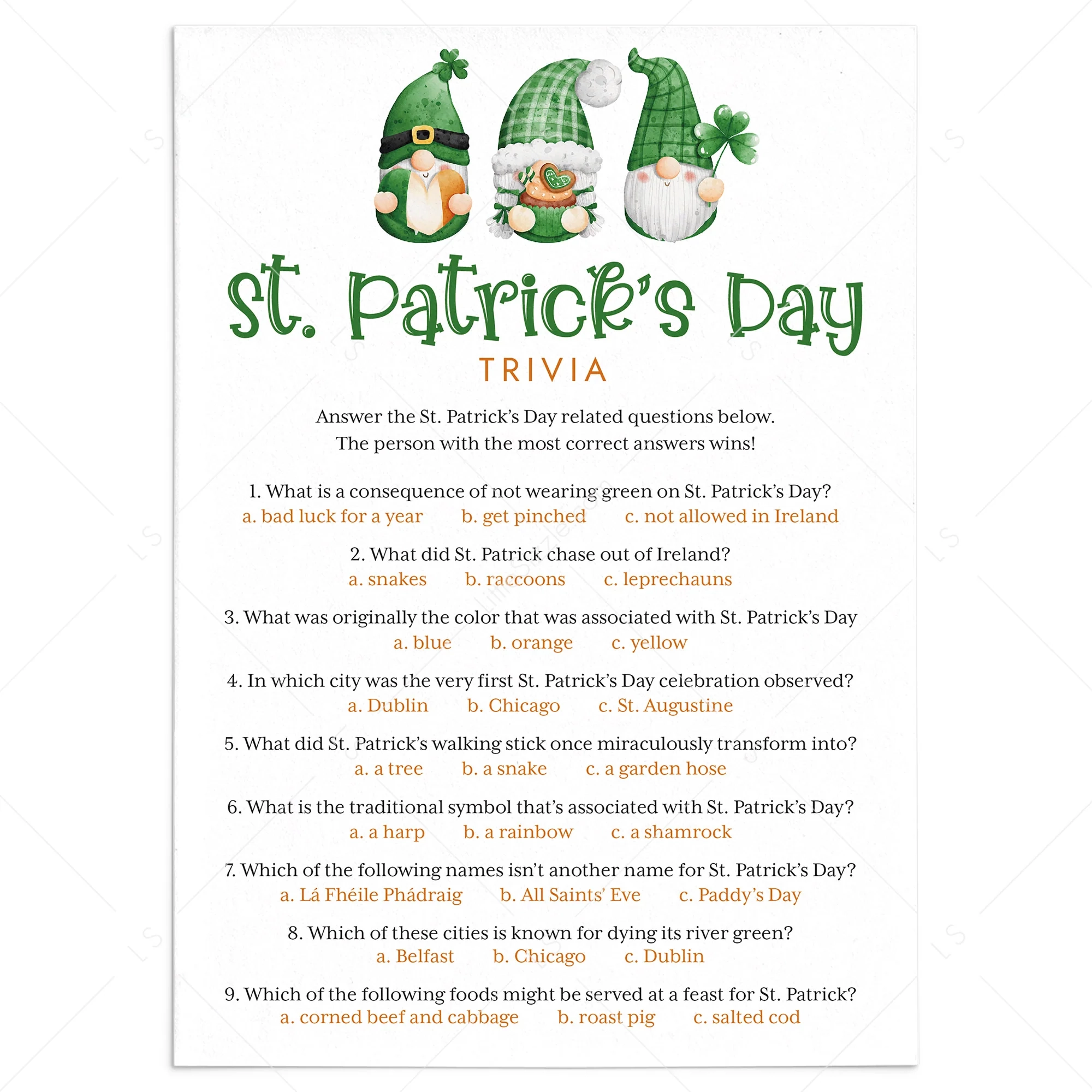 Saint Patricks Day Trivia Quiz Printable