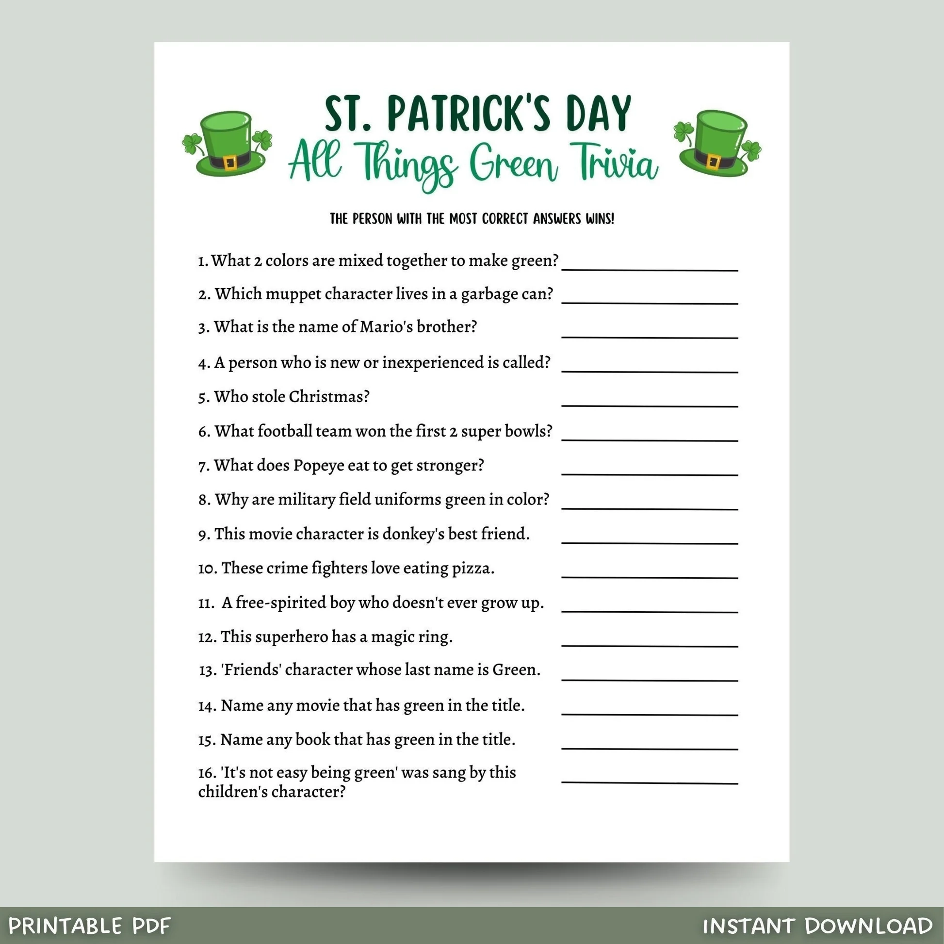 St Patricks Day Green Trivia Game Printable Activity Adults Kids Scribbled LLC St Patricks Day Green Trivia Game Printable Activity Adults Kids Scribbled LLC
