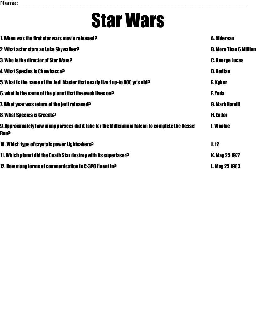 Star Wars Printable Quiz