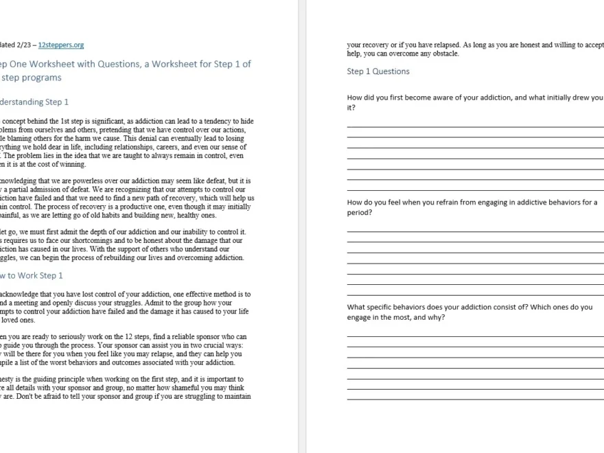 Step 1 Worksheet With Questions Free PDF Download Print 12 Steppers