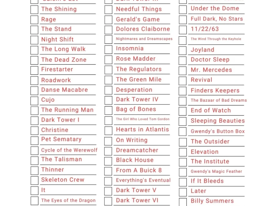 Stephen King Reading Checklist DIGITAL DOWNLOAD Etsy