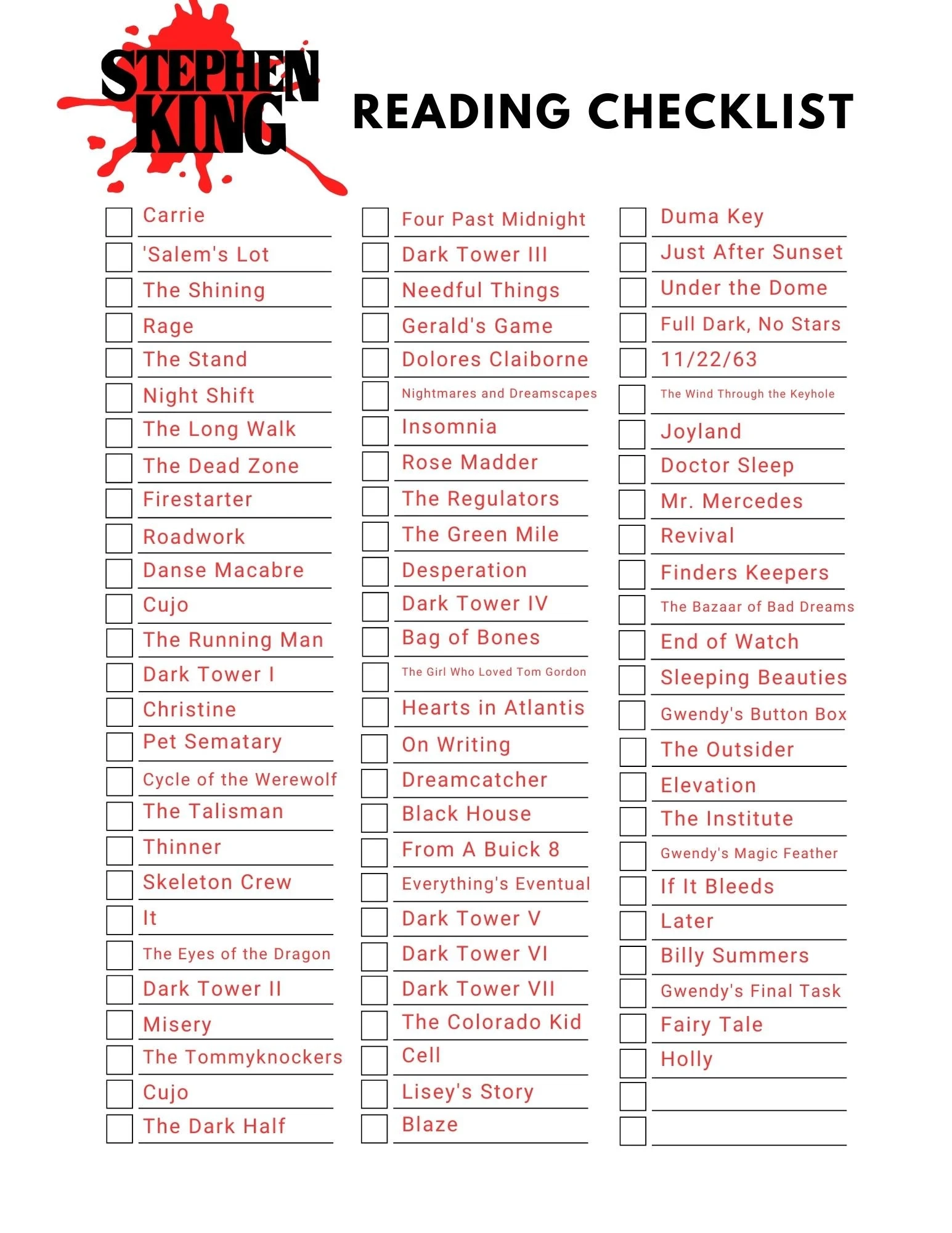 Stephen King Reading Checklist DIGITAL DOWNLOAD Etsy