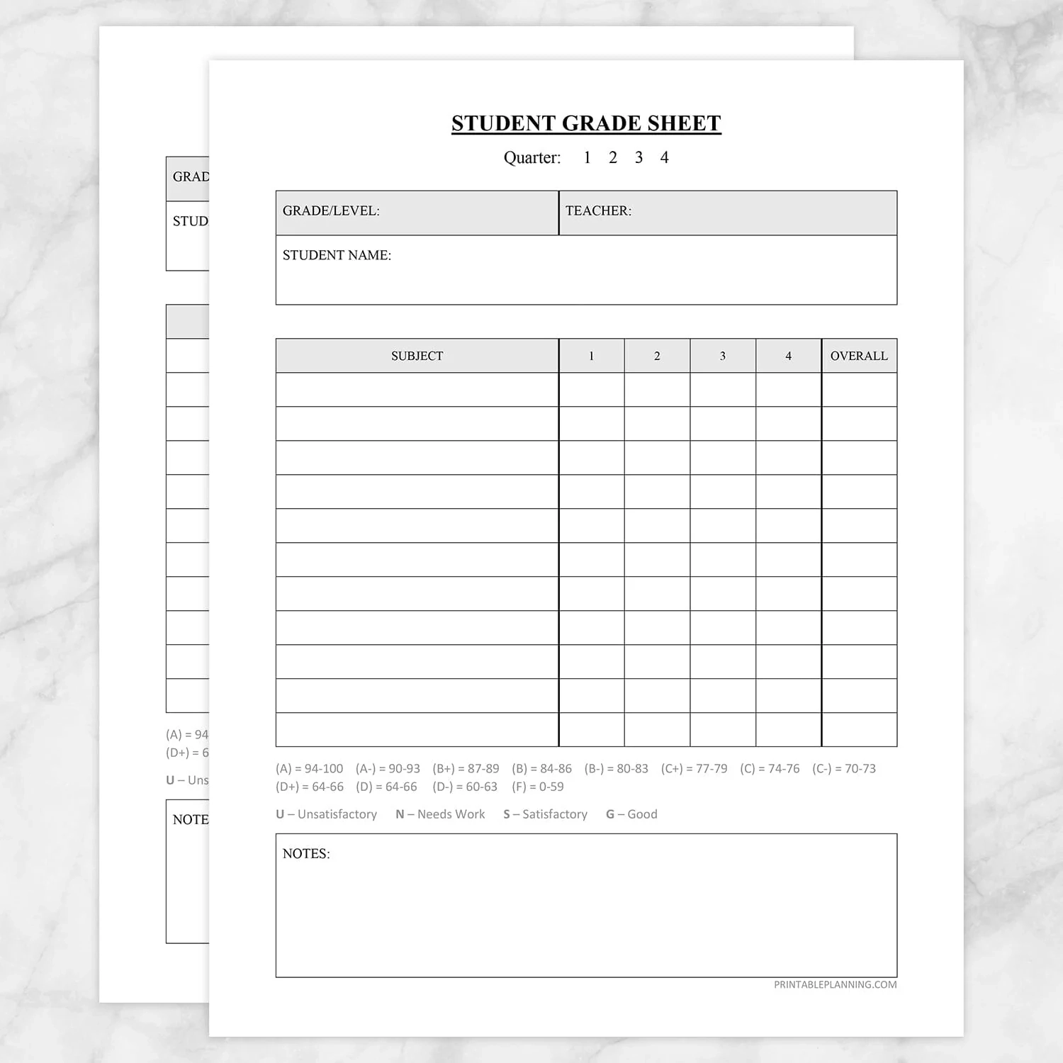 Student Grade Sheet Printable