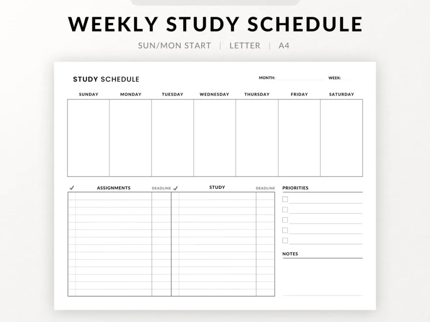Study Weekly Planner Printable Minimalist Study Schedule Weekly Organizer Printable Desk Planner Academic Planner Printable A4 letter Etsy