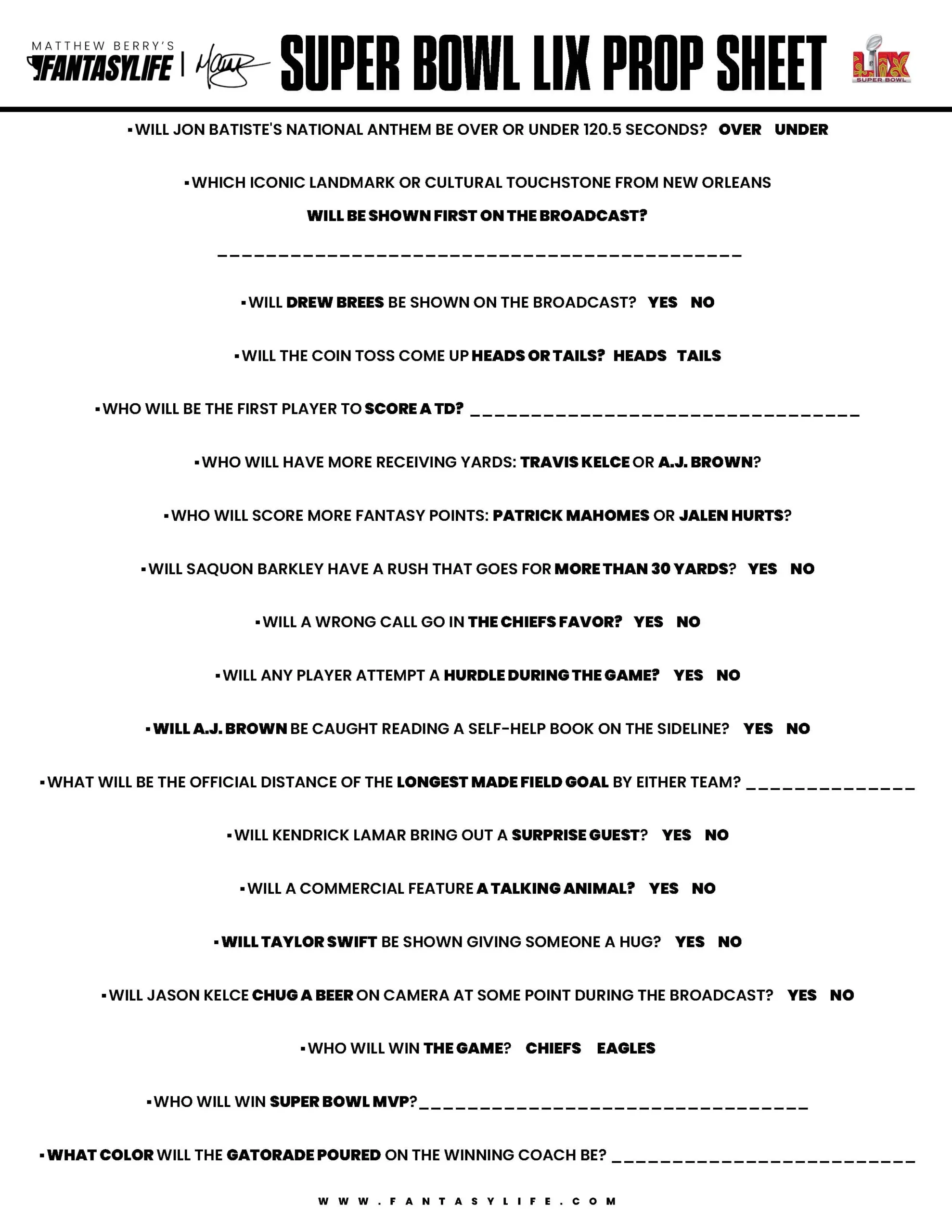 Free Printable Superbowl Prop Bet Sheets