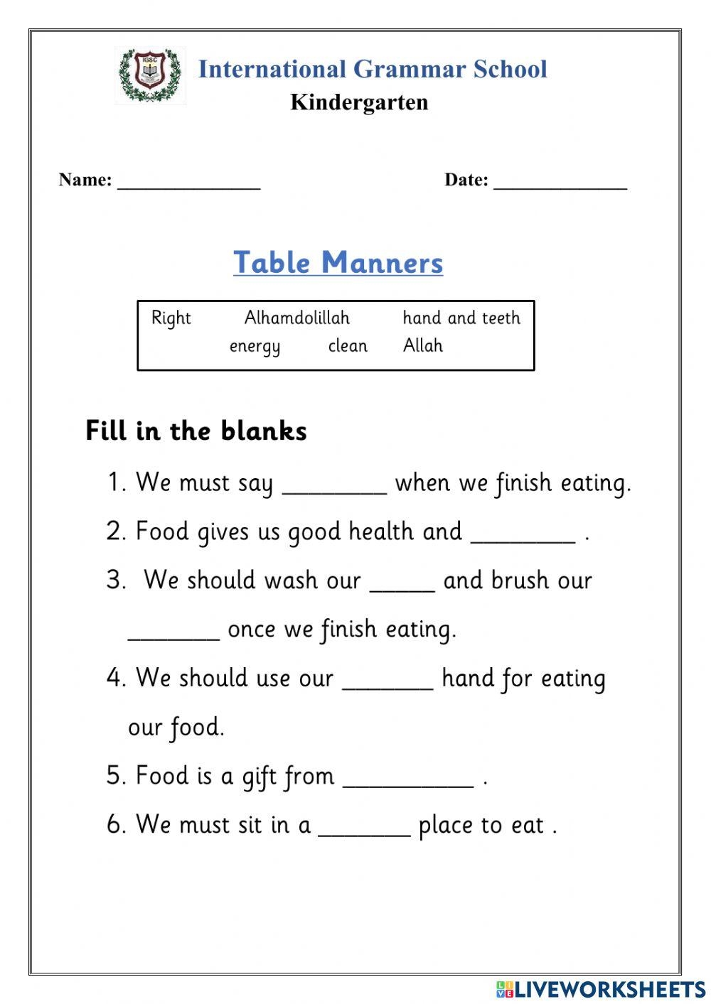 Table Manners Quiz Printable