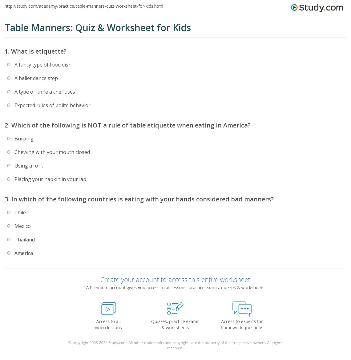 Table Manners Quiz Worksheet For Kids Study