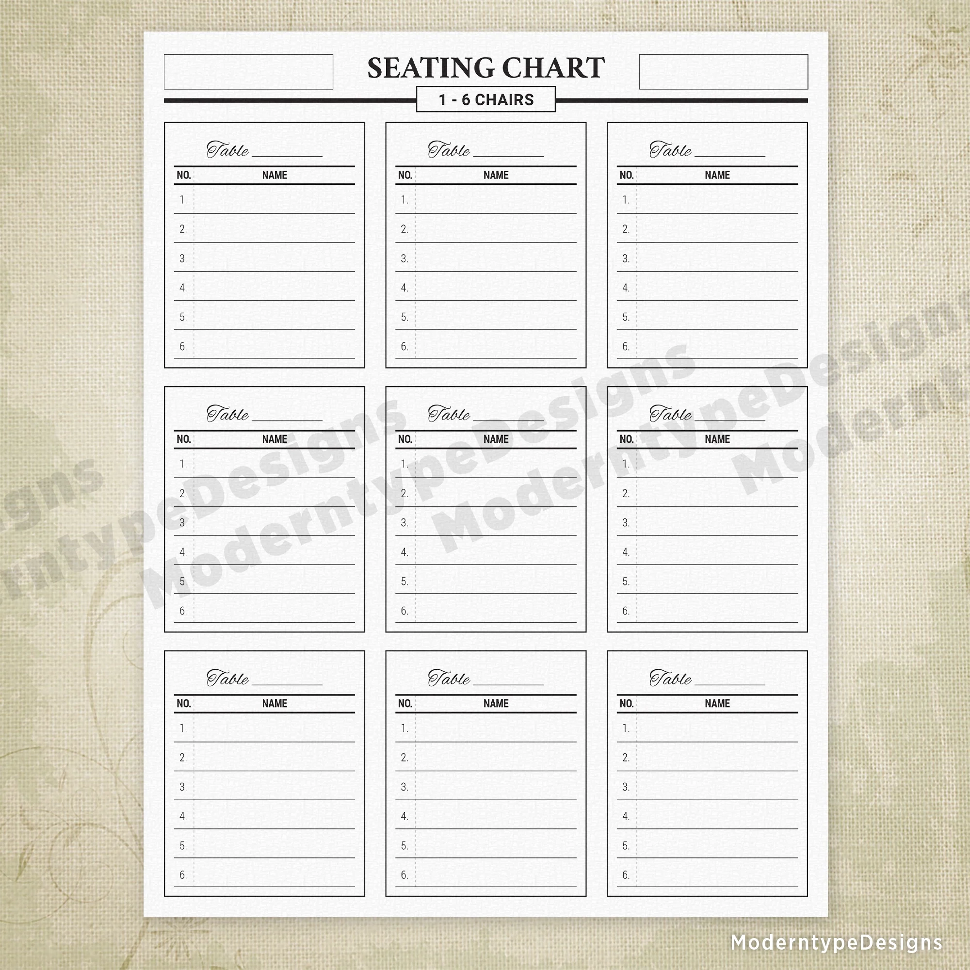Printable 6 Table Seating Chart