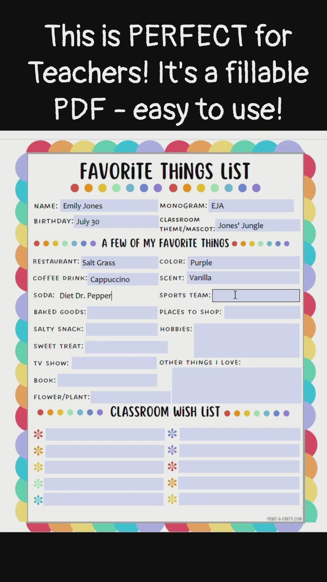 Teacher Wish List Printable