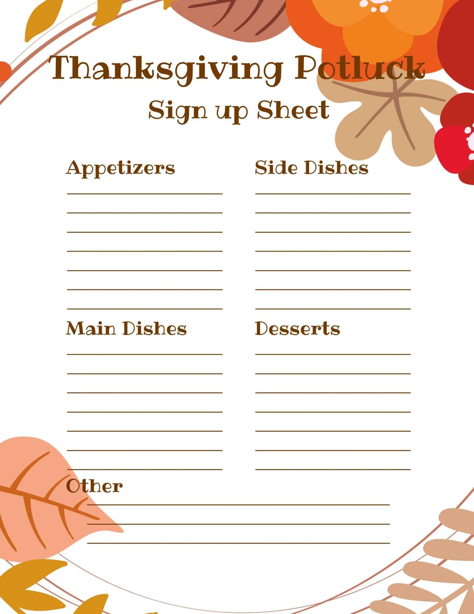 Printable Potluck Sign Up Sheet