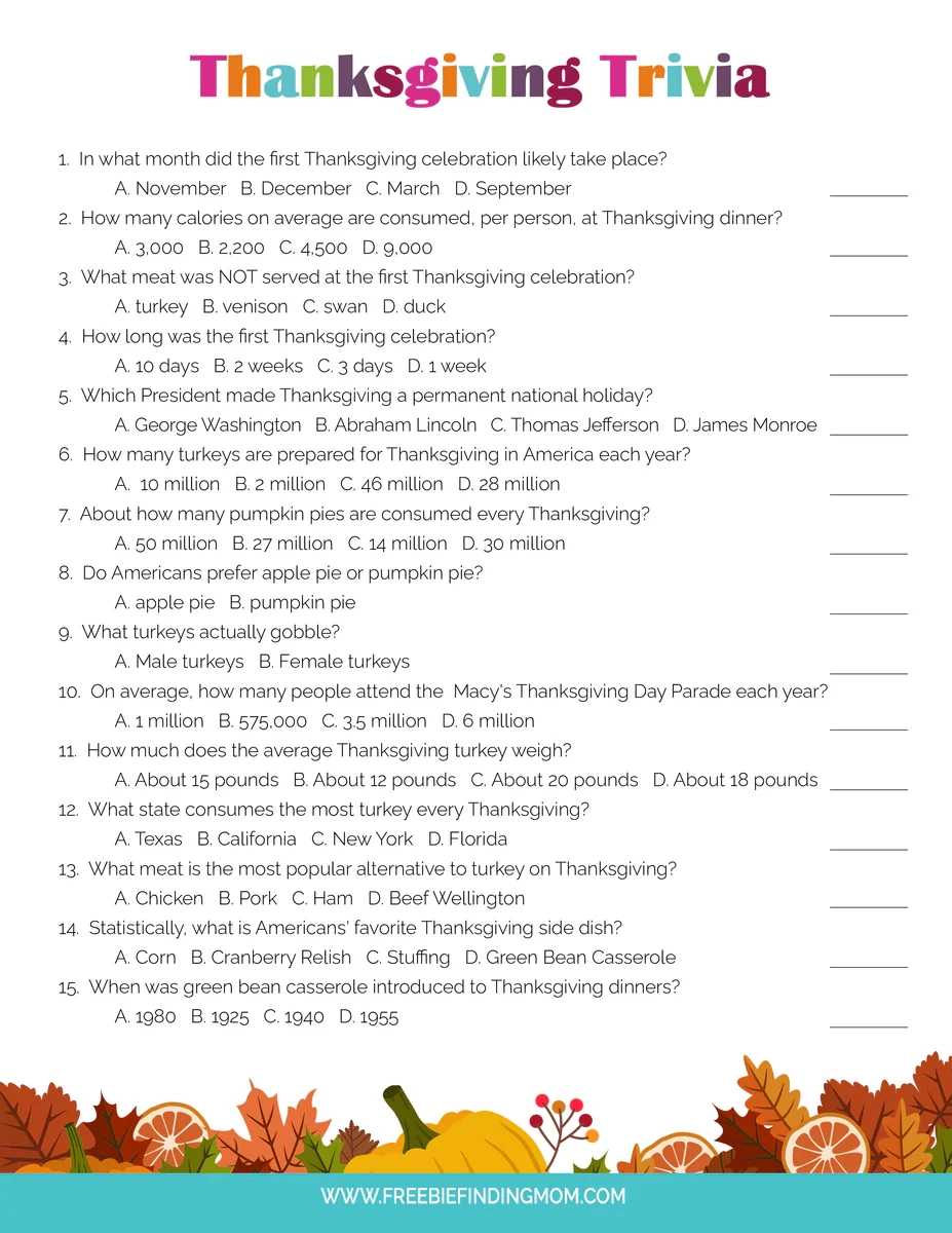 Free Printable Thanksgiving Quiz Free Printable Thanksgiving Quiz