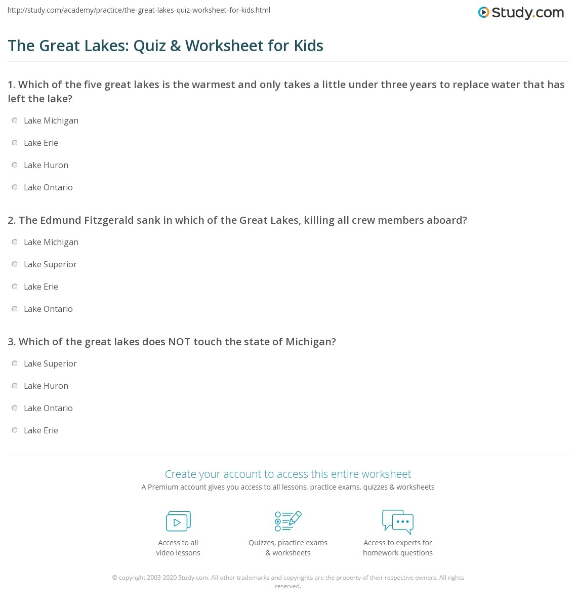 The Great Lakes Quiz Worksheet For Kids Study