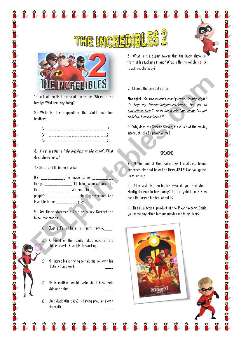 The Incredibles 2 ESL Worksheet By Britania