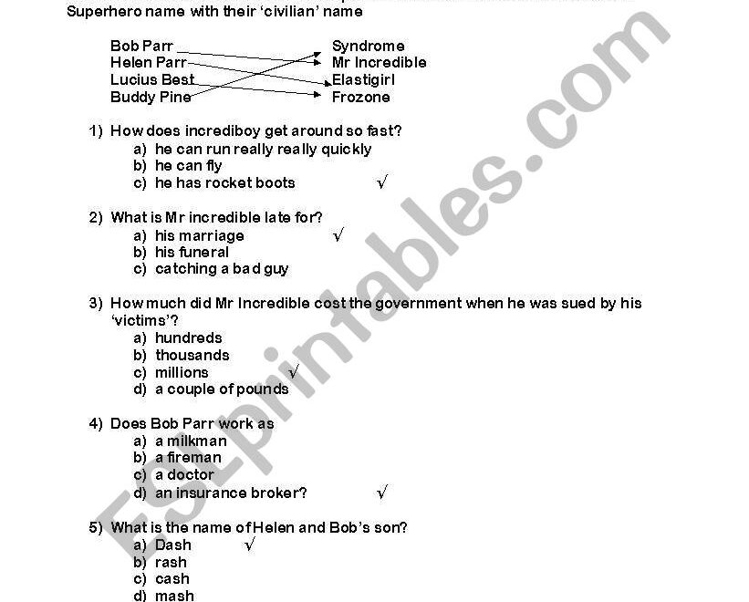 The Incredibles Multiple Choice Question Sheet ESL Worksheet By Amybennett