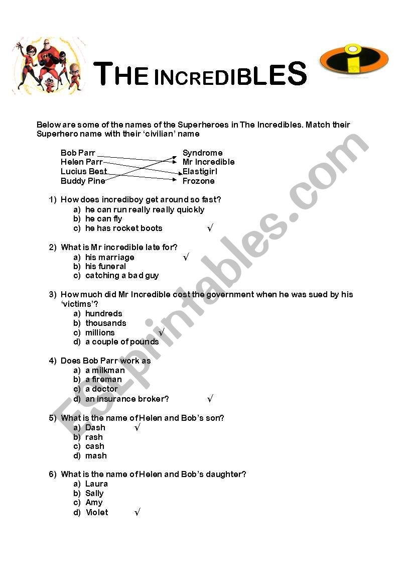 The Incredibles Multiple Choice Question Sheet ESL Worksheet By Amybennett