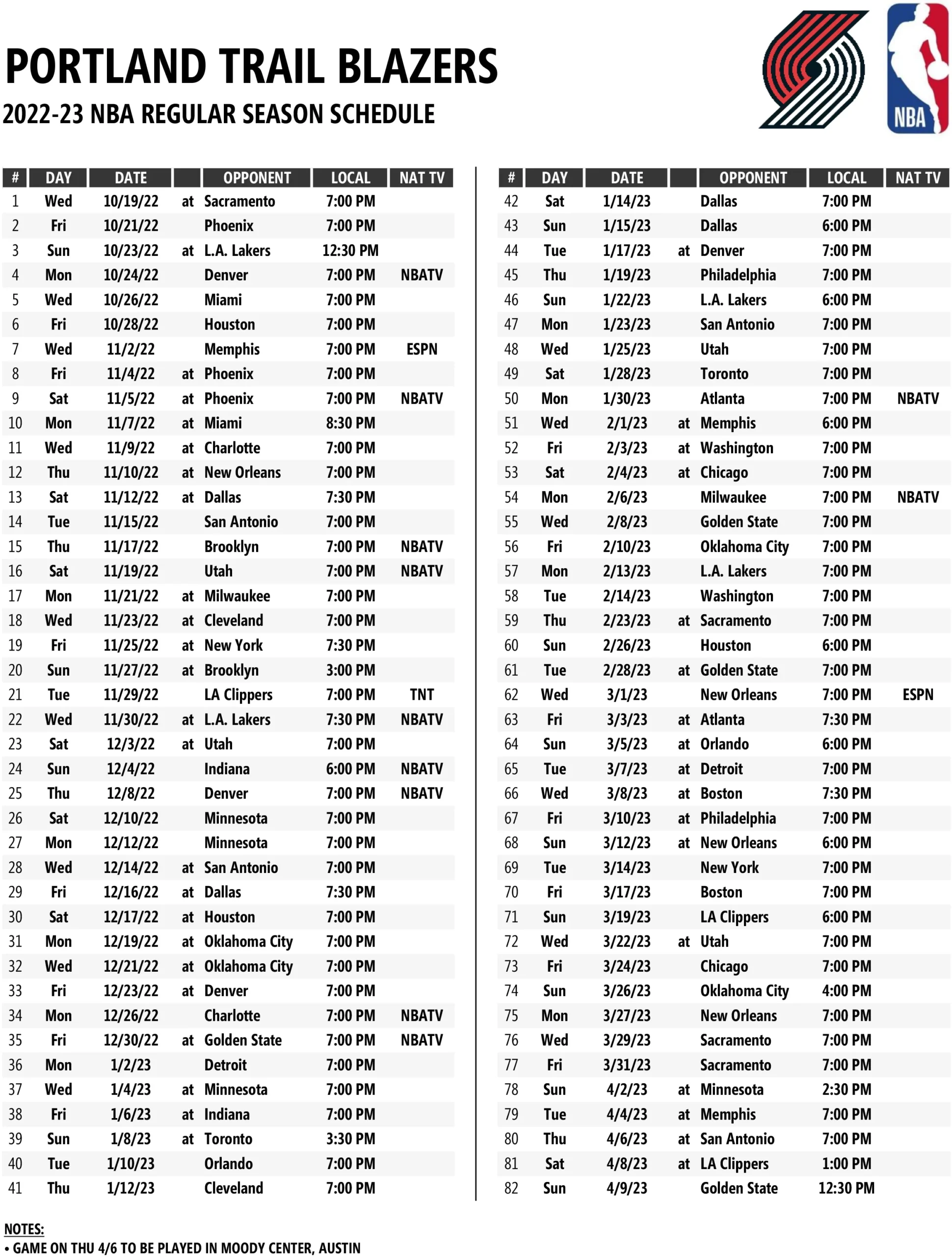 Portland Trail Blazers Schedule Printable
