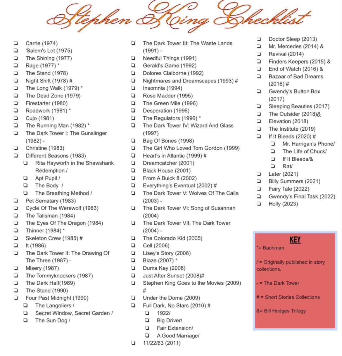 Printable List Of Stephen King Books
