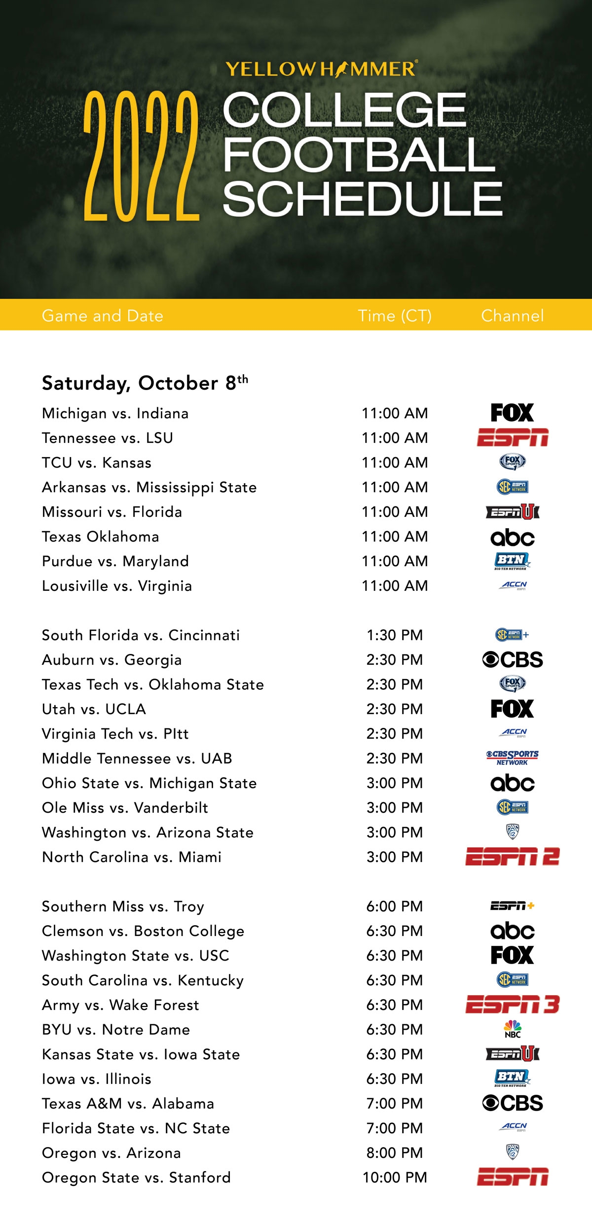 Printable Weekly College Football Tv Schedule