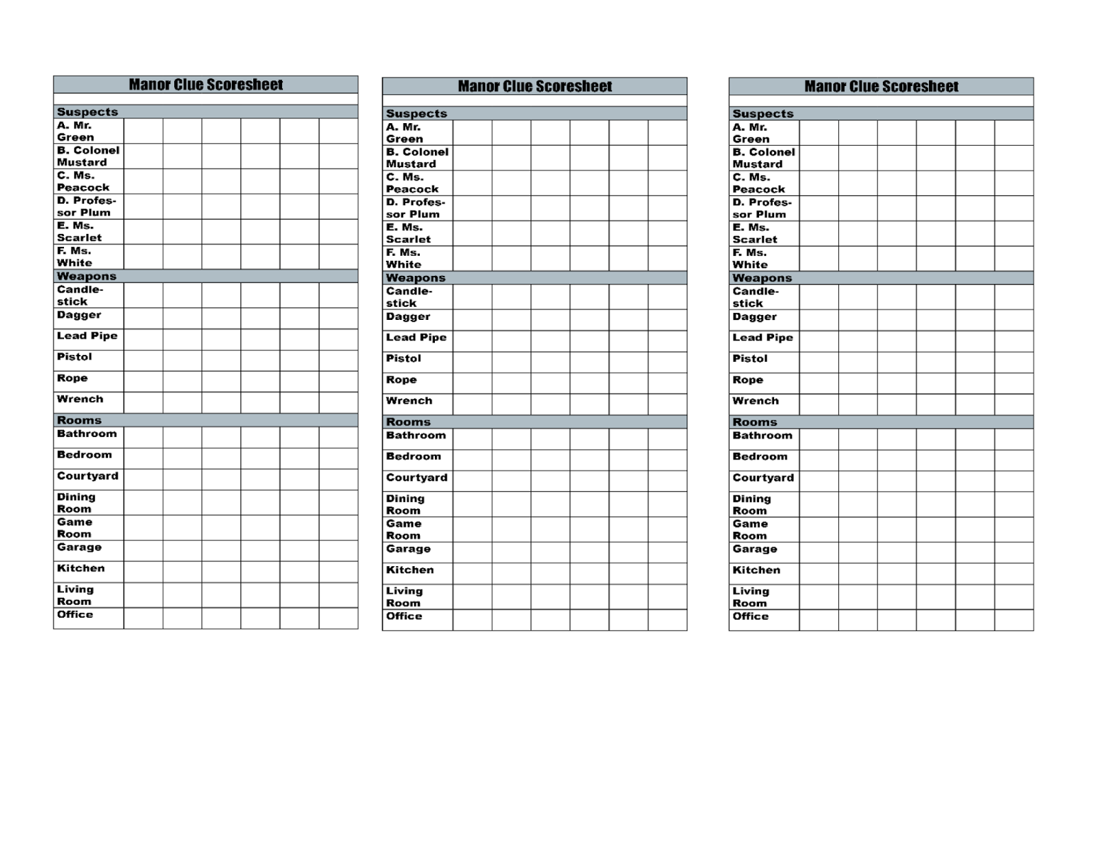 Clue Playing Sheets Printable