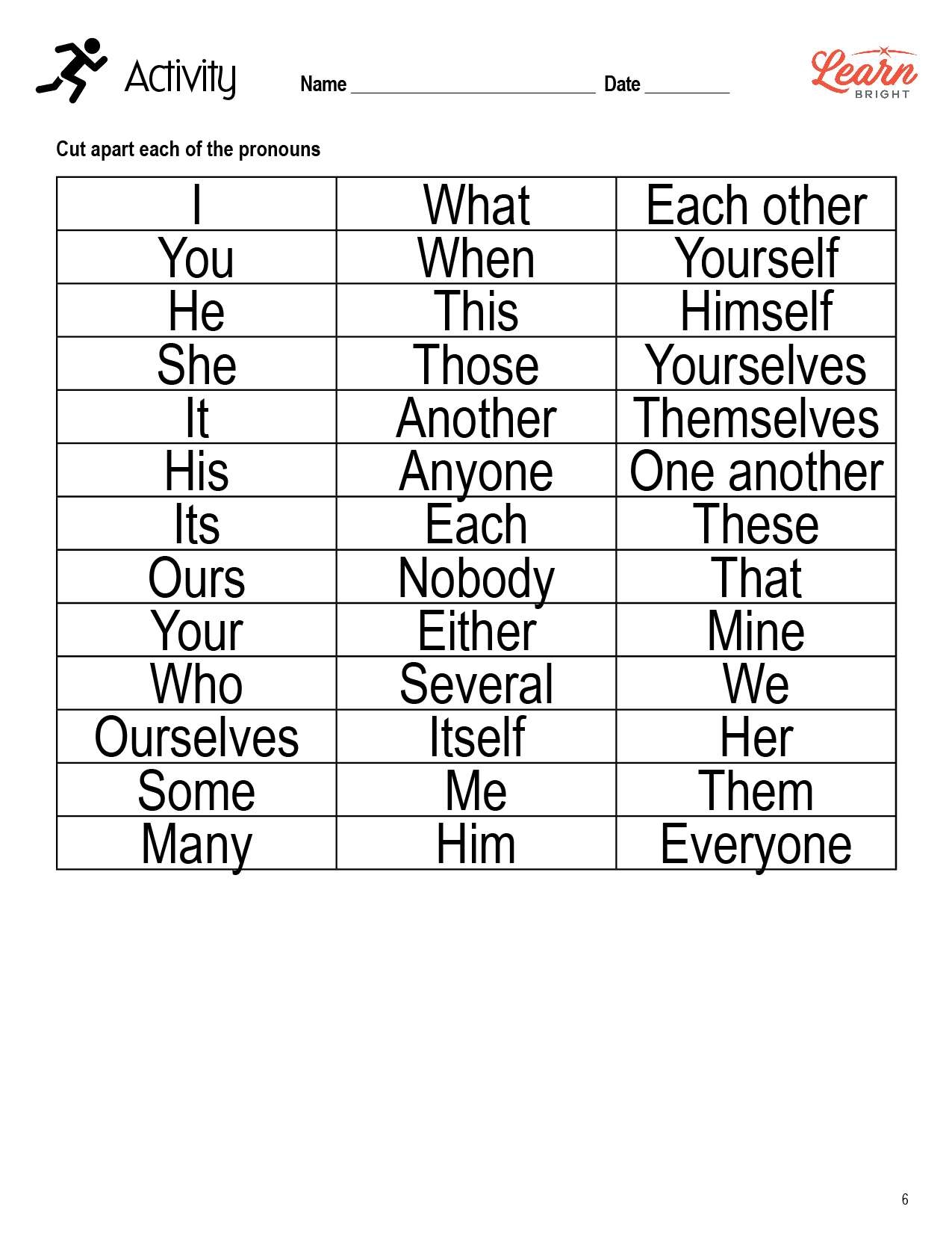 Pronoun List Printable For Sixth Grade