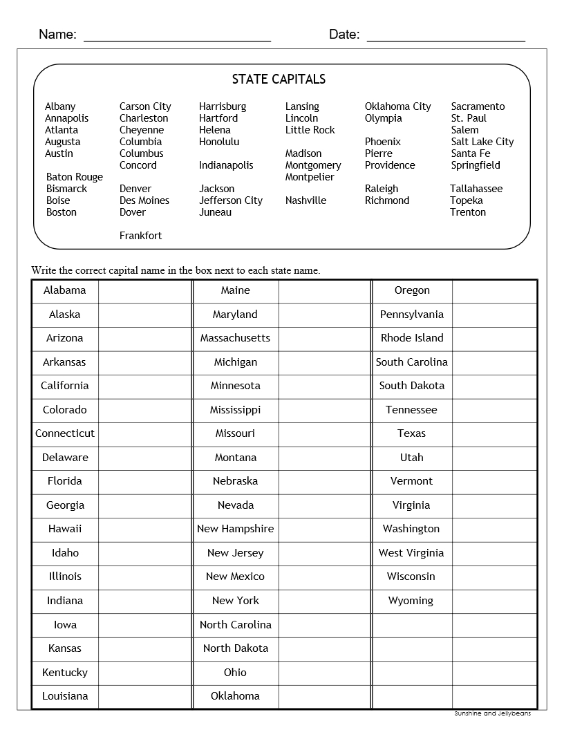 Printable States And Capital Quiz