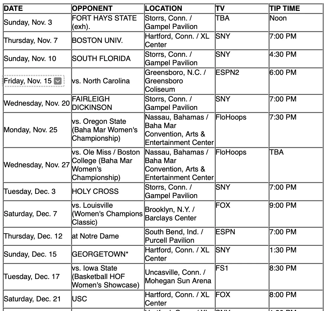 UConn Releases Tip Times And TV Info For 2024 25 Season