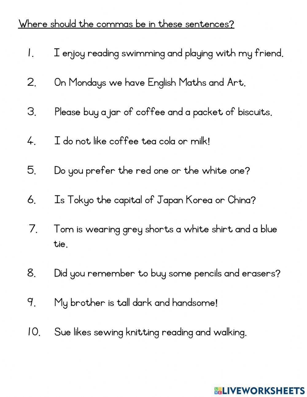 Printable Comma Quiz Middle School