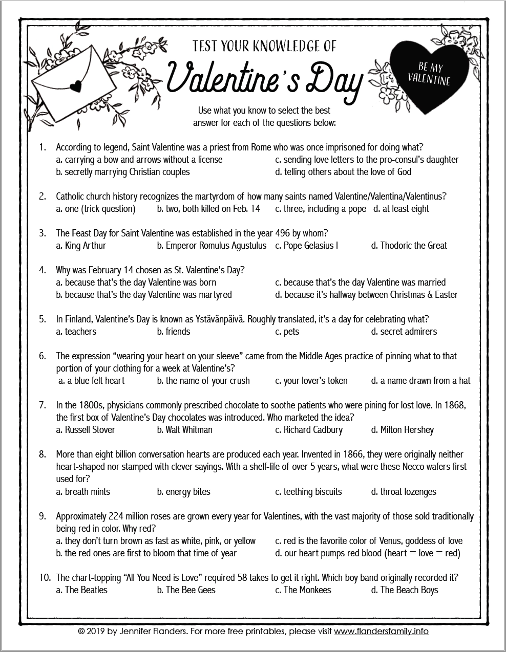 Valentine s Day Quiz Free Printable Flanders Family Home Life