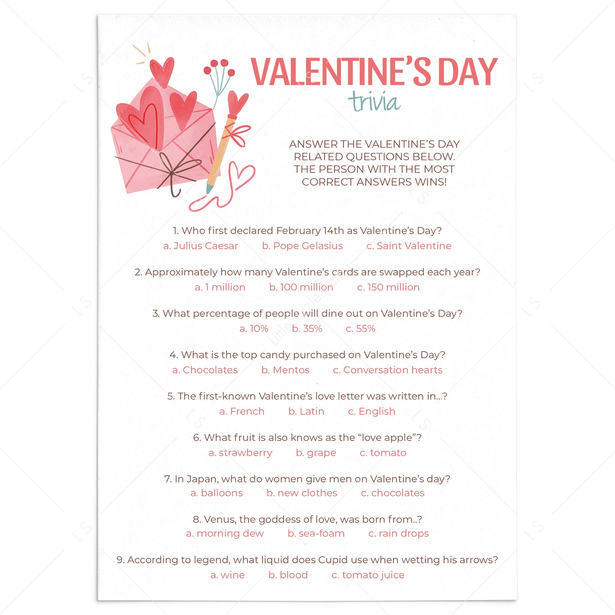 Valentine Trivia Questions Game Printable