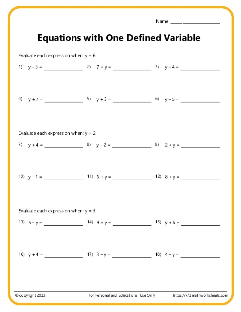 Variable Equations Worksheets Variable Equations Worksheets