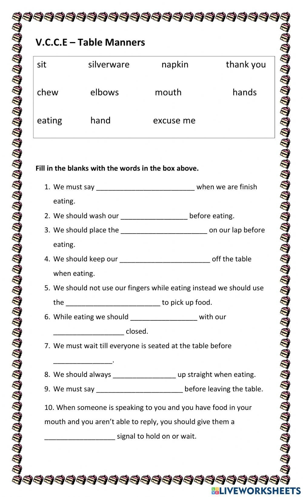 VCCE Table Manners Worksheet Live Worksheets Worksheets Library