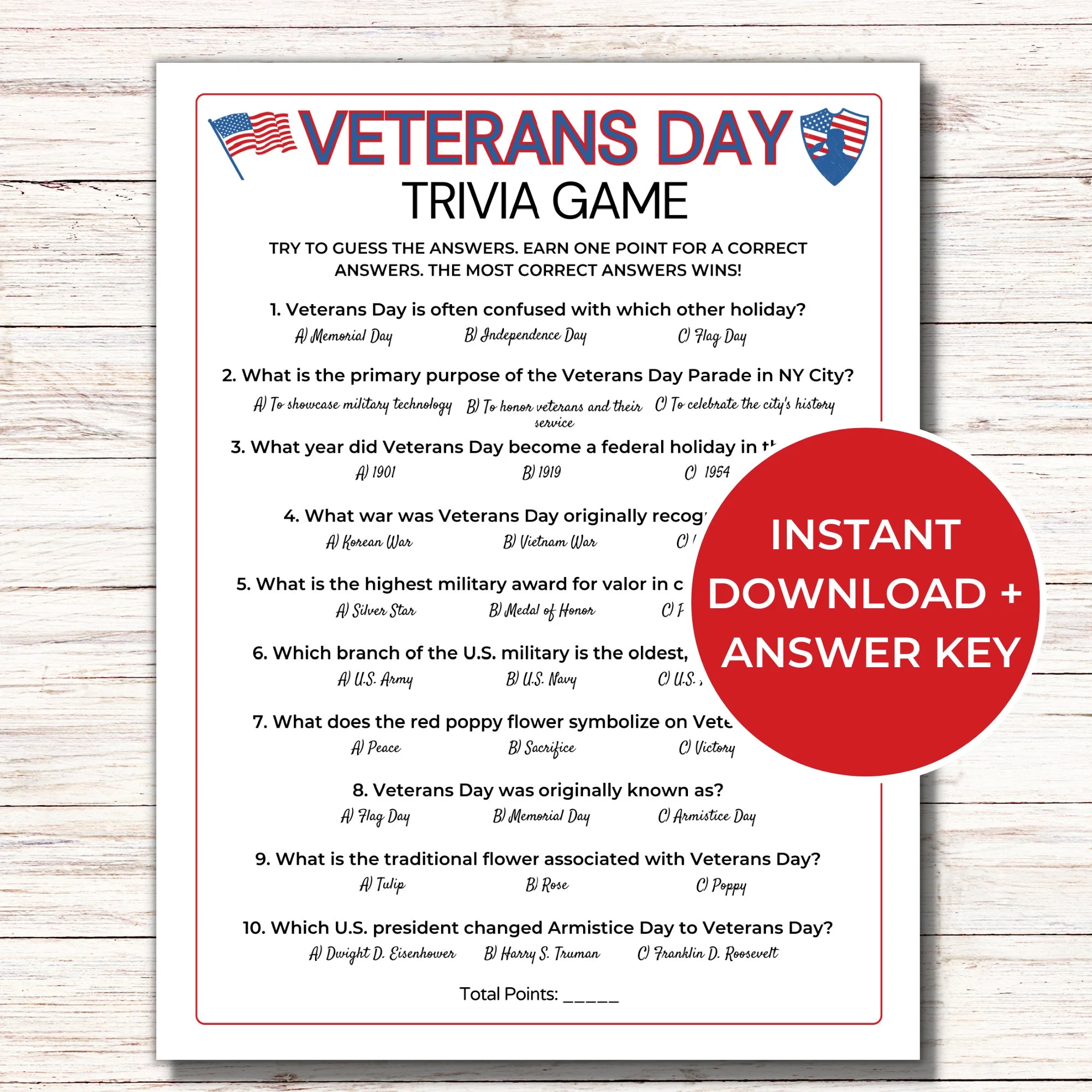 Veterans Day Trivia Game Printable Veterans Day Games Patriotic Games Etsy