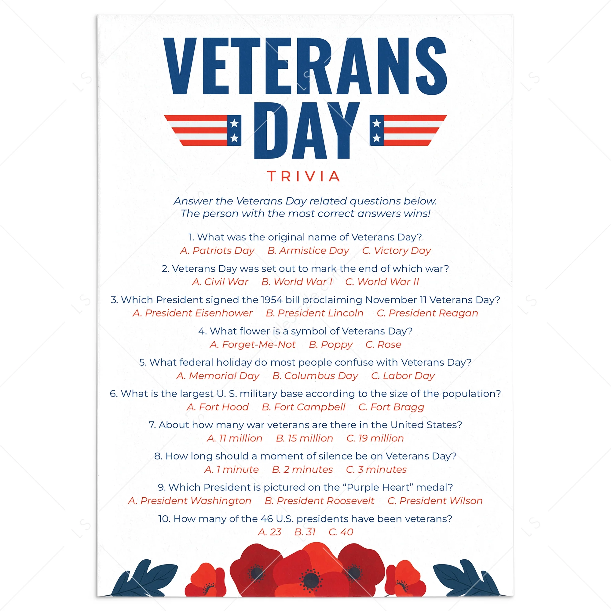 Veterans Day Trivia Quiz With Answers Printable Instant Download LittleSizzle
