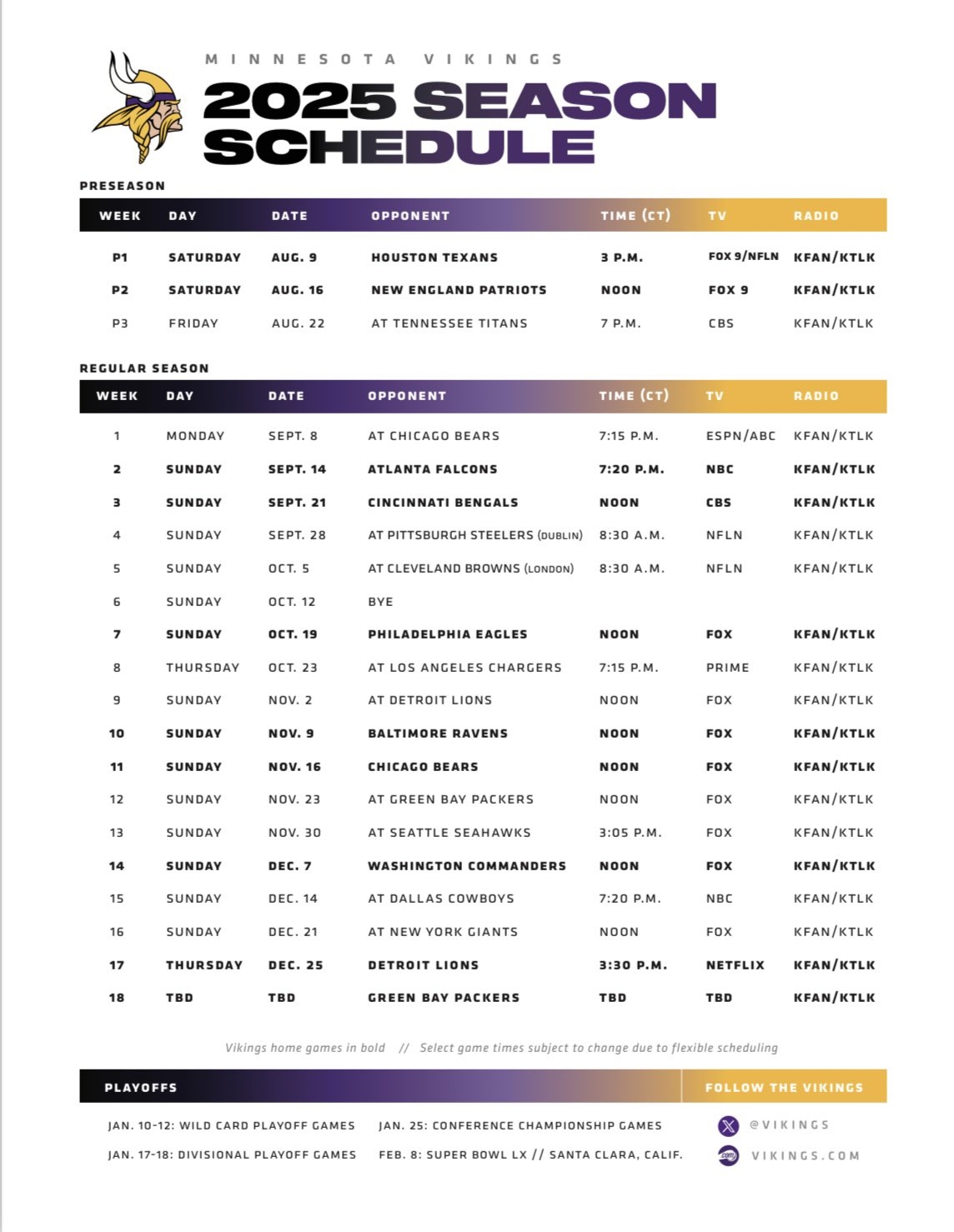 Minnesota Vikings Schedule Printable
