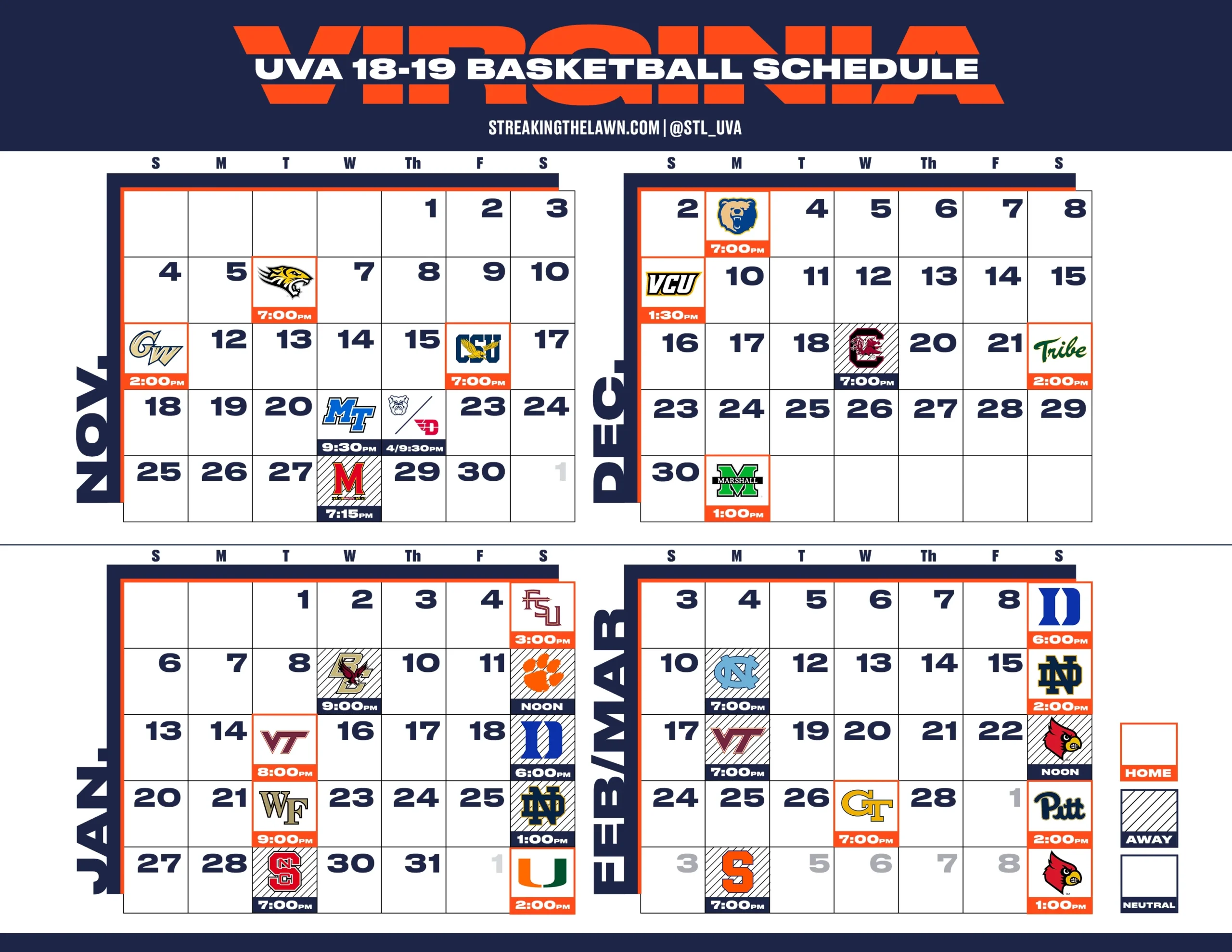 Virginia Basketball 18 19 Printable Schedule Streaking The Lawn