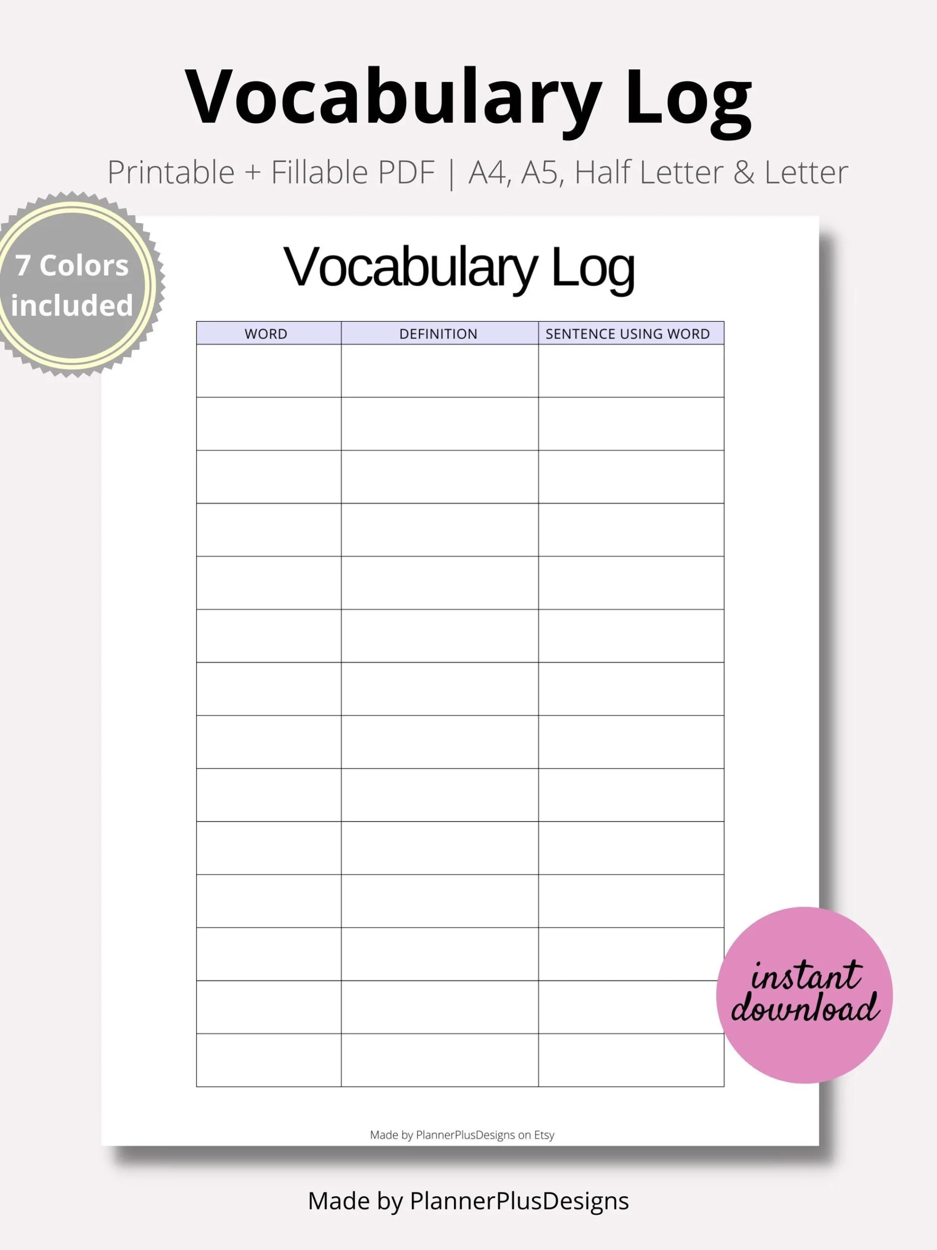 Vocabulary List Printable Planner Inserts Vocabulary List Word Book Language Study Vocabulary List Worksheet PDF A4 A5 Half LETTER Etsy