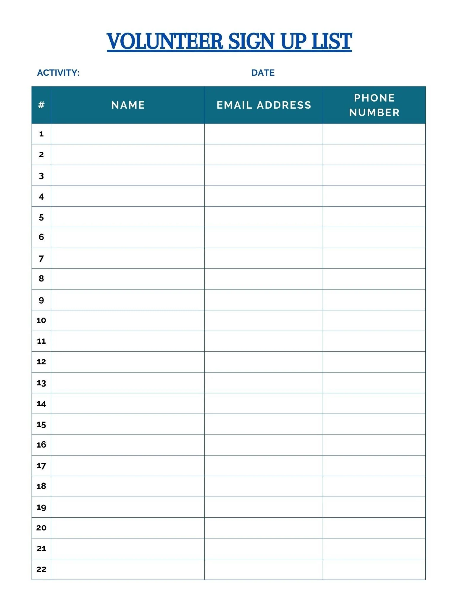Volunteer Sign up Sheet Printable Registration Form Etsy