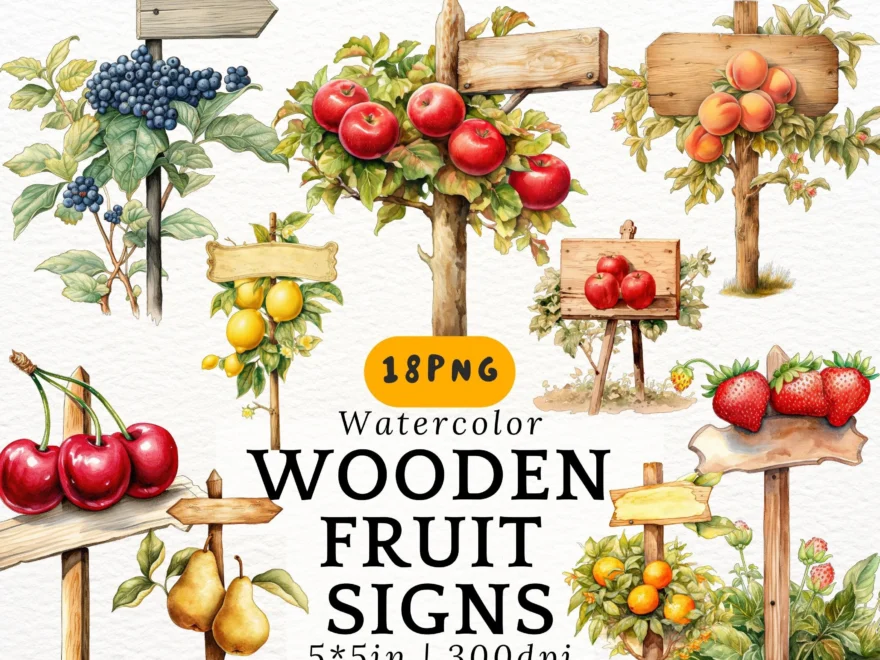Watercolor Fruit Sign PNG Clipart Vintage Wooden Orchard Signs For Farmhouse Decor Garden Labels Scrapbooking Digital Download 300 DPI Etsy