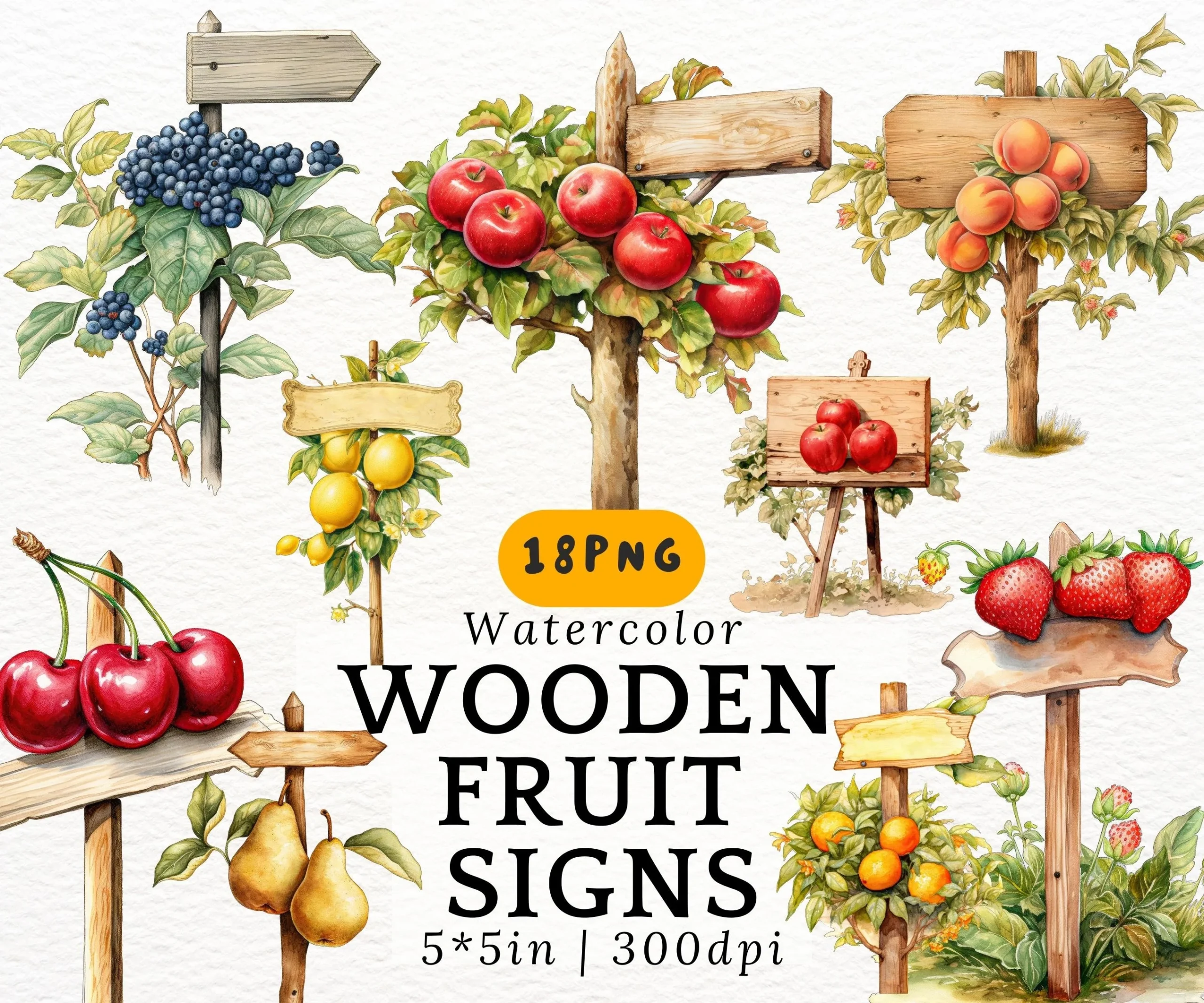 Watercolor Fruit Sign PNG Clipart Vintage Wooden Orchard Signs For Farmhouse Decor Garden Labels Scrapbooking Digital Download 300 DPI Etsy