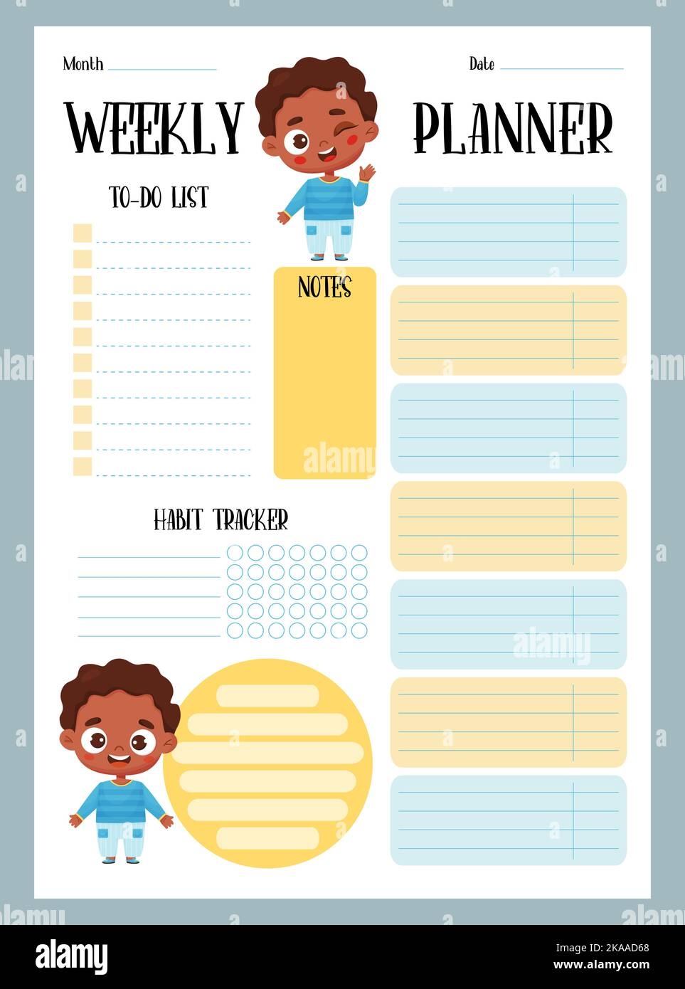 Weekly Planner Organizer To do List Notes And Habit Tracker With Cute Cartoon Black Ethnic Boys Vector Vertical Template For Print Design Decor Stock Vector Image Art Alamy