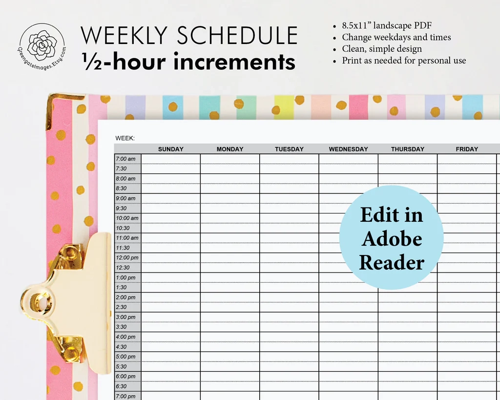 Weekly Schedule Printable Half Hour Increments Weekly Schedule Printable Half Hour Increments
