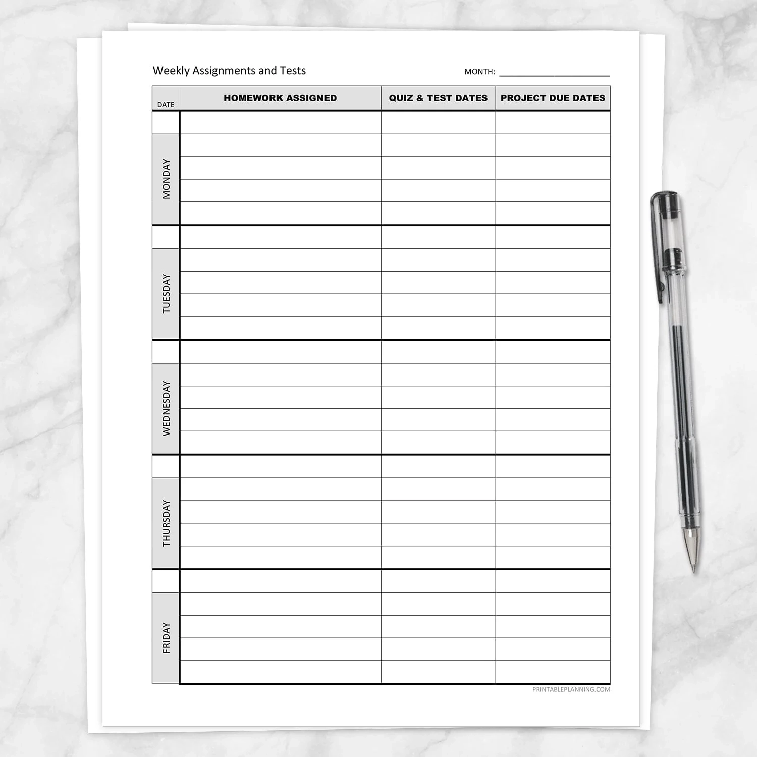Printable Weekly Assignment Sheets For Students