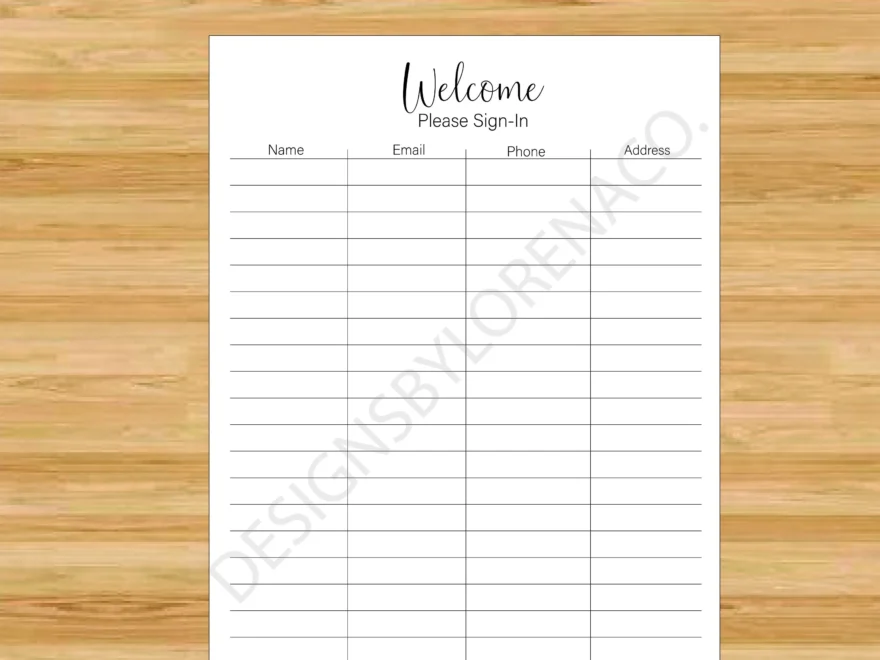 Welcome Sign in Sheet Name Email Phone Address digital Printable Etsy