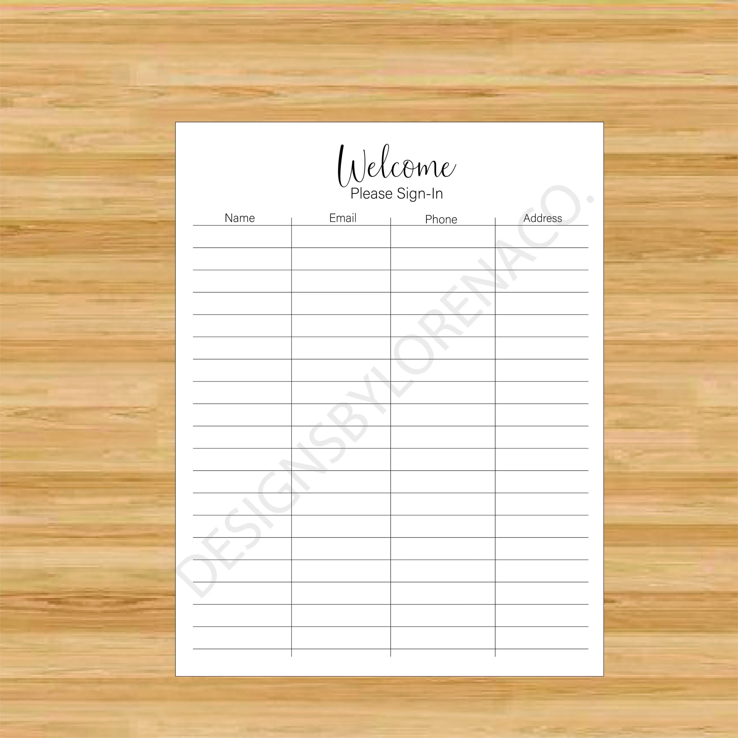 Welcome Sign in Sheet Name Email Phone Address digital Printable Etsy