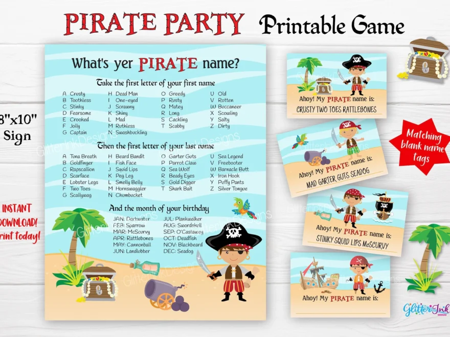 What s Your Pirate Name Party Game Printable Buccaneer Sign With Name Tags And Cards Pirate Treasure Chest Birthday Games Instant Download Etsy