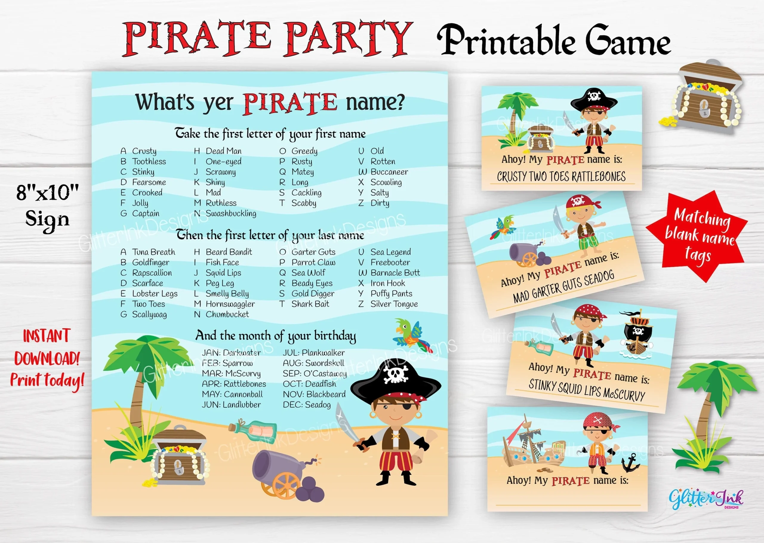 What s Your Pirate Name Party Game Printable Buccaneer Sign With Name Tags And Cards Pirate Treasure Chest Birthday Games Instant Download Etsy