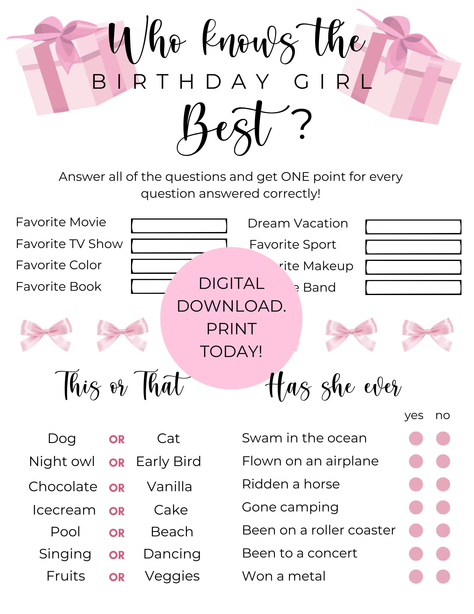 Who Knows The Birthday Girl Best Tween teen Party Quiz Game Printable PDF 8 5x11 5x7 Etsy